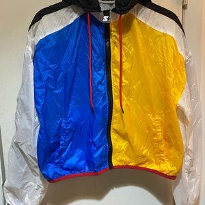 STARTER Blue, white, red, black and Yellow Windbreaker hoodie zip Jacket medium